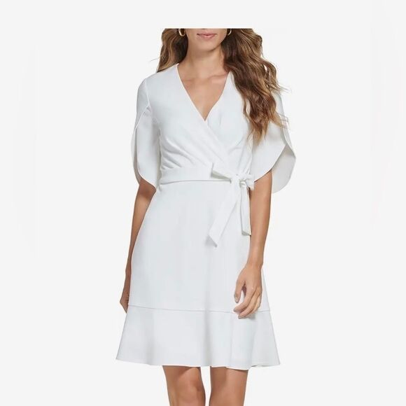 DKNY Womens Tulip-Sleeve V-Neck Dress Ivory Office Wear to Work Dress M - Picture 11 of 16